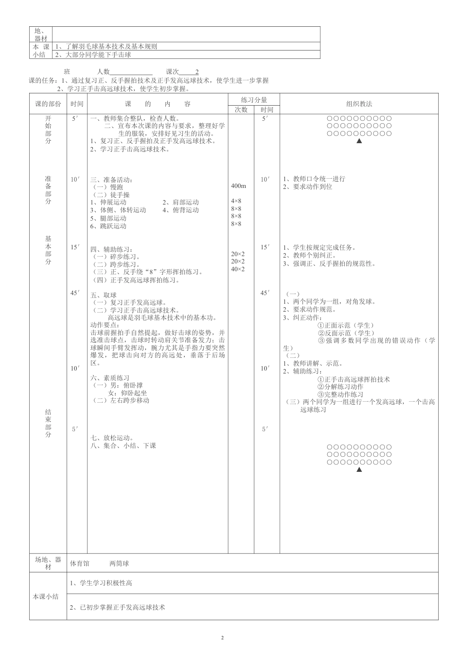 中小学羽毛球体育课教案（14课时）.docx_第2页