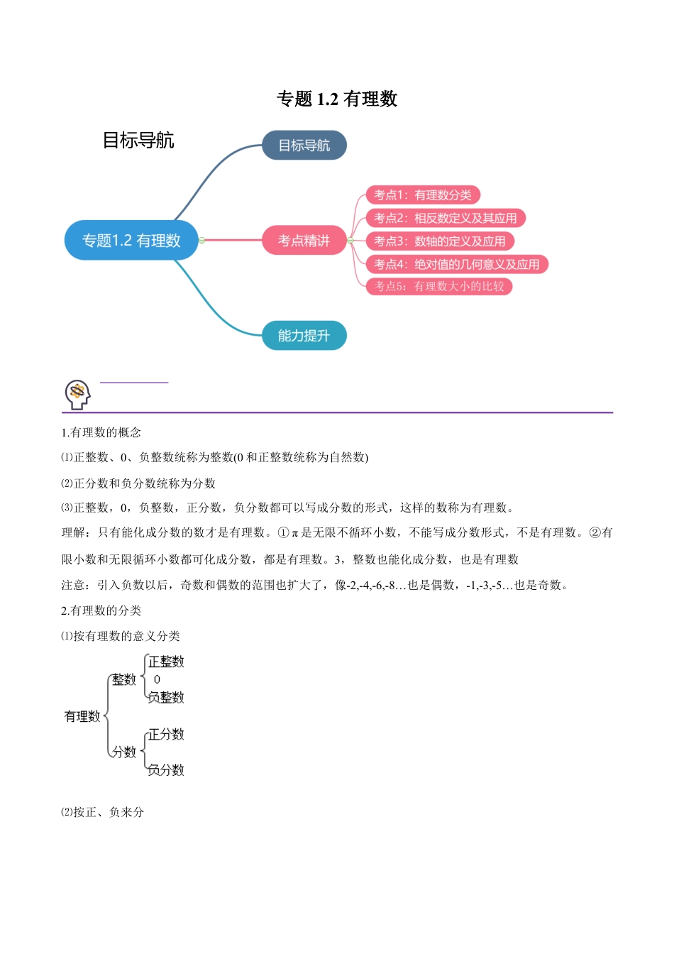 初中数学同步 7年级上册 专题1.2 有理数（学生版）.docx_第1页