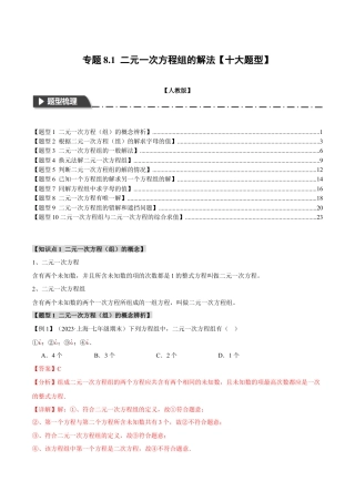 初中数学七年级下册-专题8.1 二元一次方程组的解法【十大题型】（举一反三）（人教版）（解析版）.docx