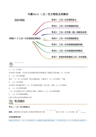 初中数学同步 7年级下册 专题8.1-2 二元一次方程组及其解法（学生版）.docx