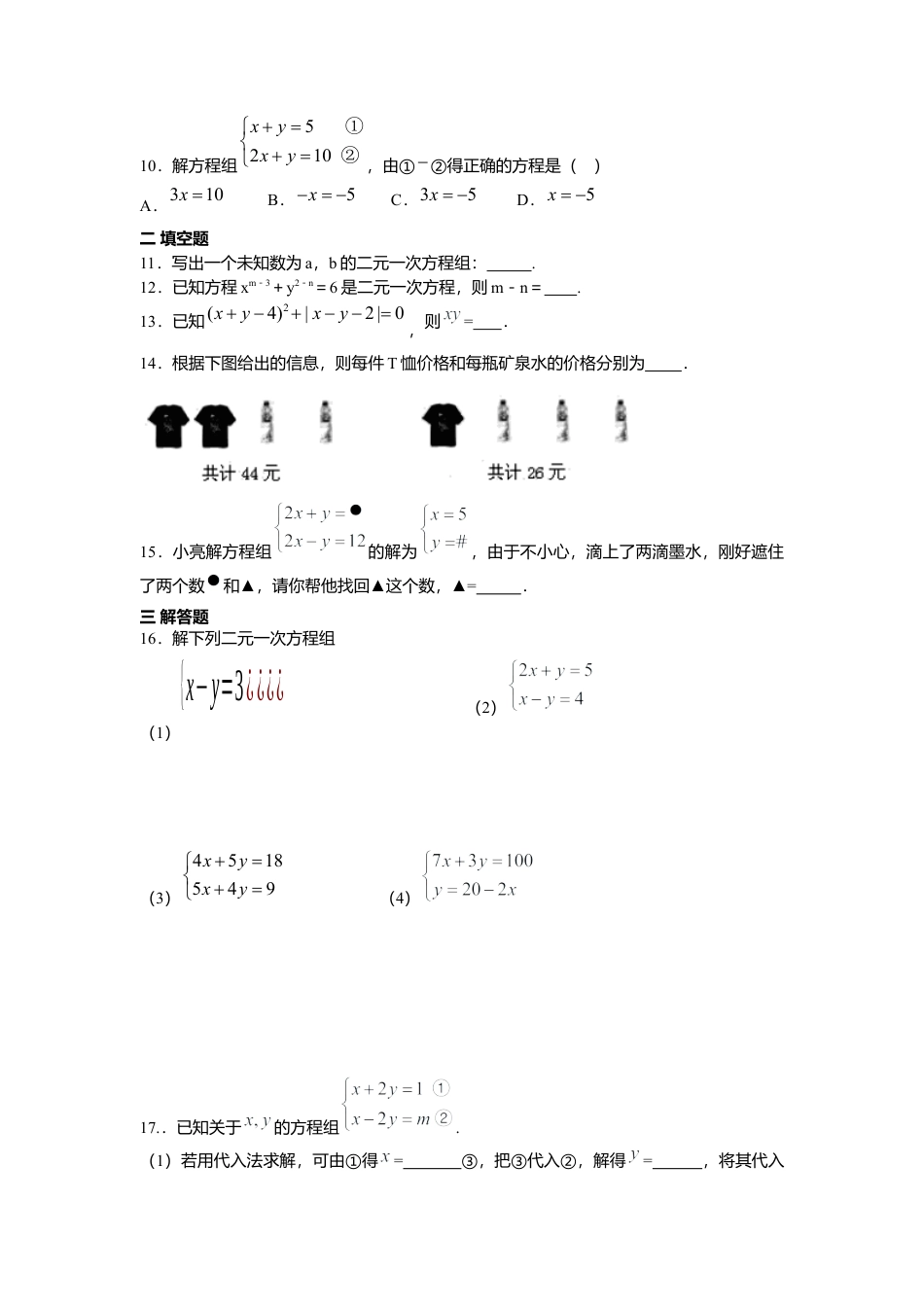 人教版七年级下册-第八章 二元一次方程周周测1（8.1-8.2）.docx_第2页