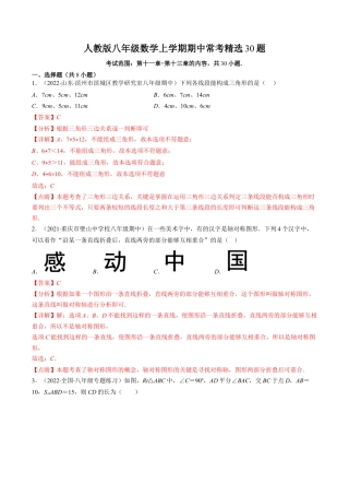 人教版八年级数学上学期期中常考精选30题（教师版）.docx