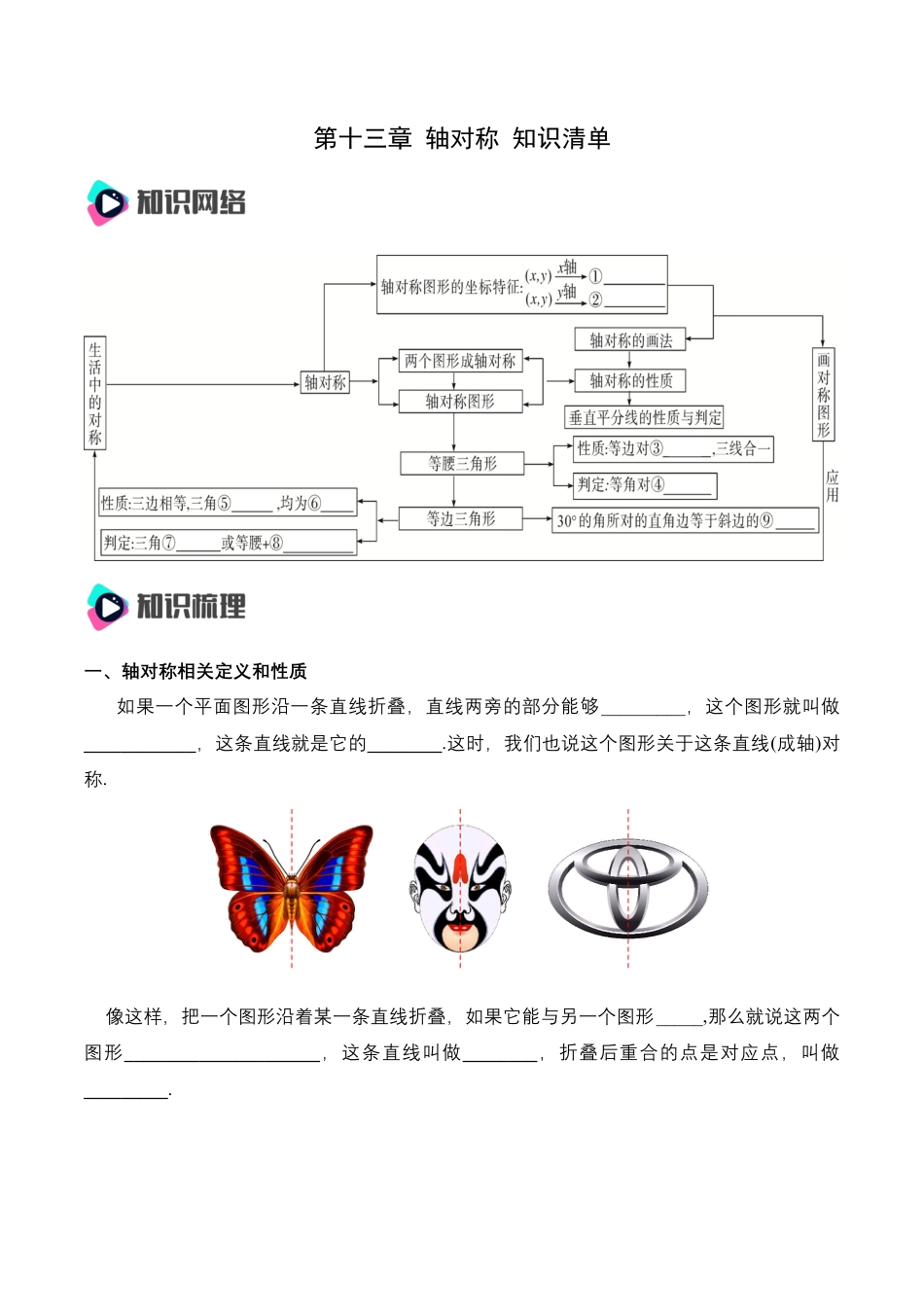 人教版初中数学八年级上册-第十三章 轴对称 知识清单（原卷版）.docx_第1页
