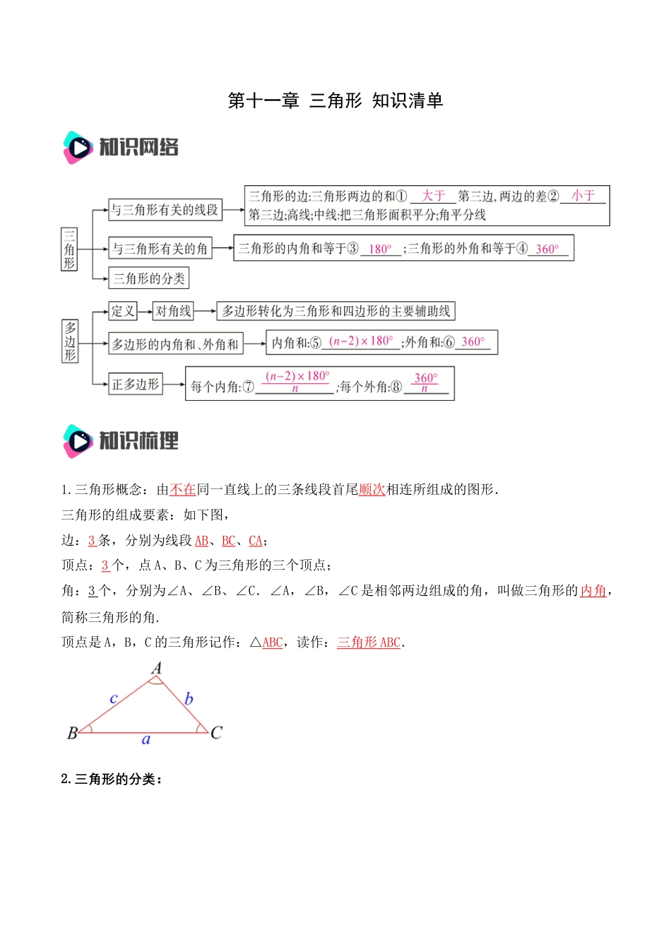 人教版初中数学八年级上册-第十一章 三角形 知识清单（解析版）.docx_第1页
