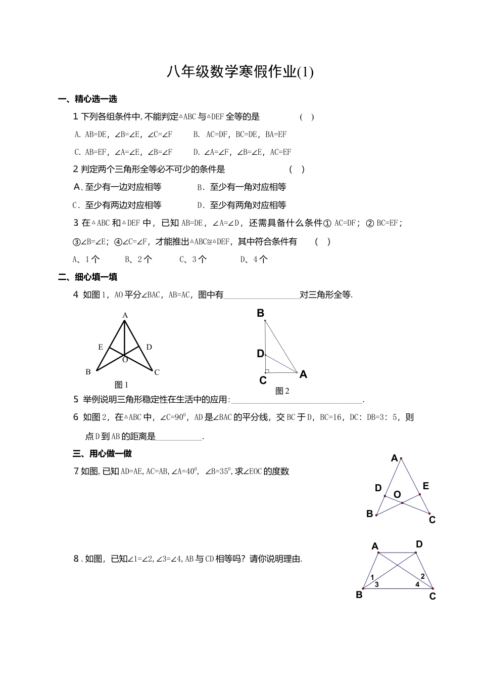 人教版初中数学八年级上册-寒假作业2.docx_第1页