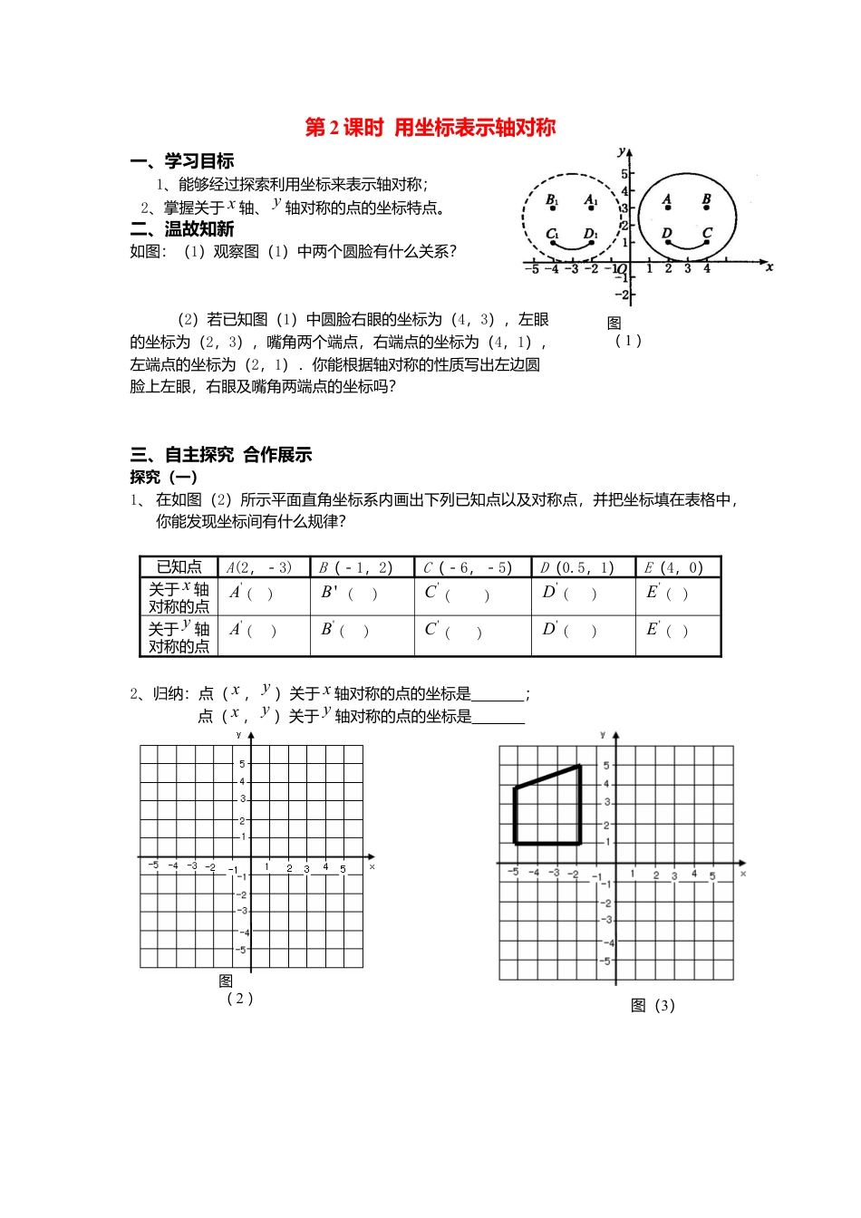 人教版数学八年级上册-导学案-13.2  第2课时 用坐标表示轴对称.docx_第1页