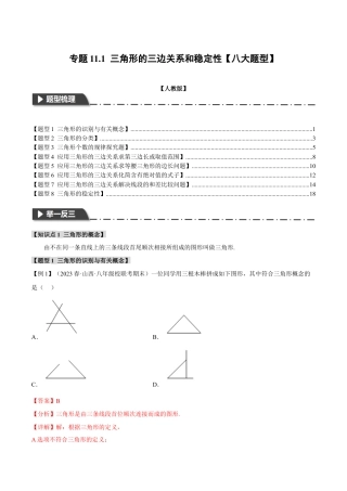 数学八年级上册-专题11.1 三角形的三边关系和稳定性【八大题型】（举一反三）（人教版）（教师版）.docx
