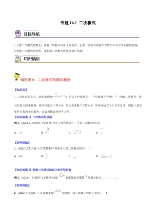 初中数学同步 8年级下册 专题16.1 二次根式（学生版）.docx