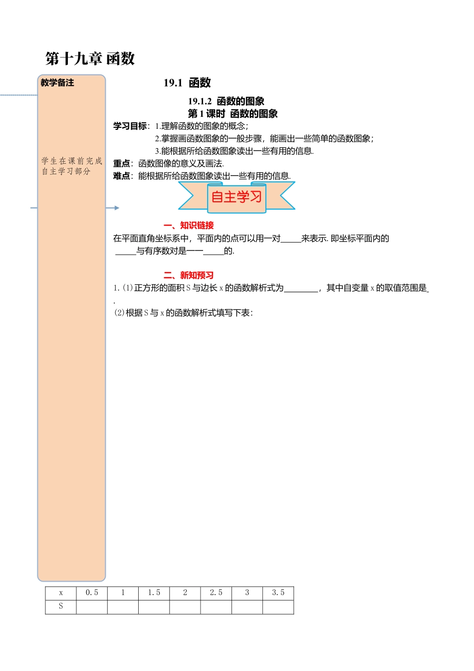 人教版八年级数学下册-同步导学案-19.1.2 第1课时 函数的图象.docx_第1页