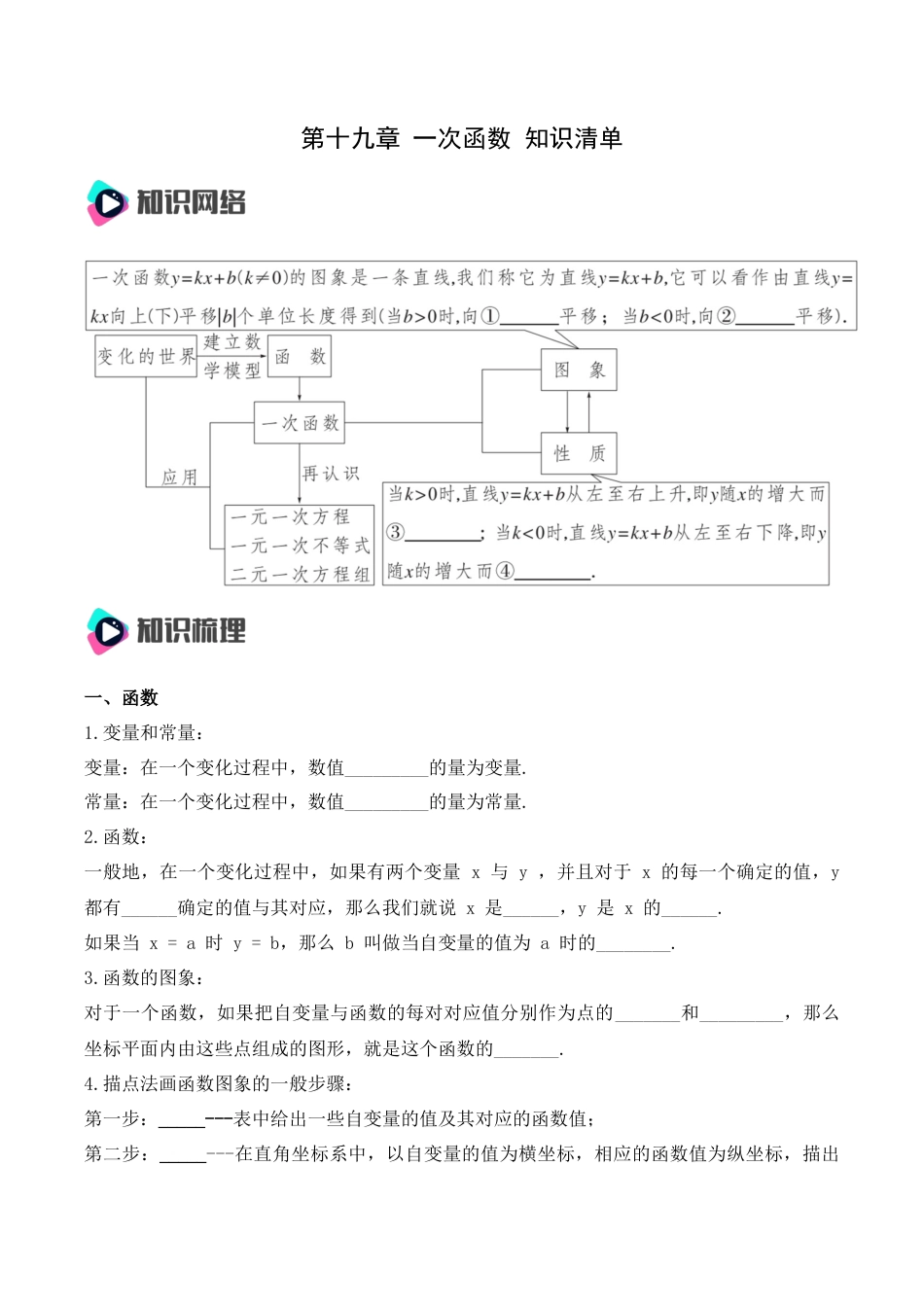 人教版初中数学八年级下第十九章 一次函数 知识清单（原卷版）.docx_第1页