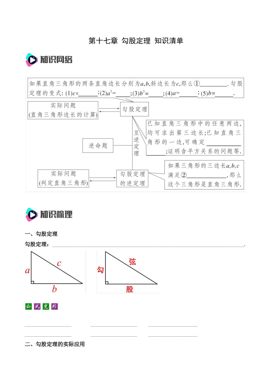 人教版初中数学八年级下第十七章 勾股定理 知识清单（原卷版）.docx_第1页