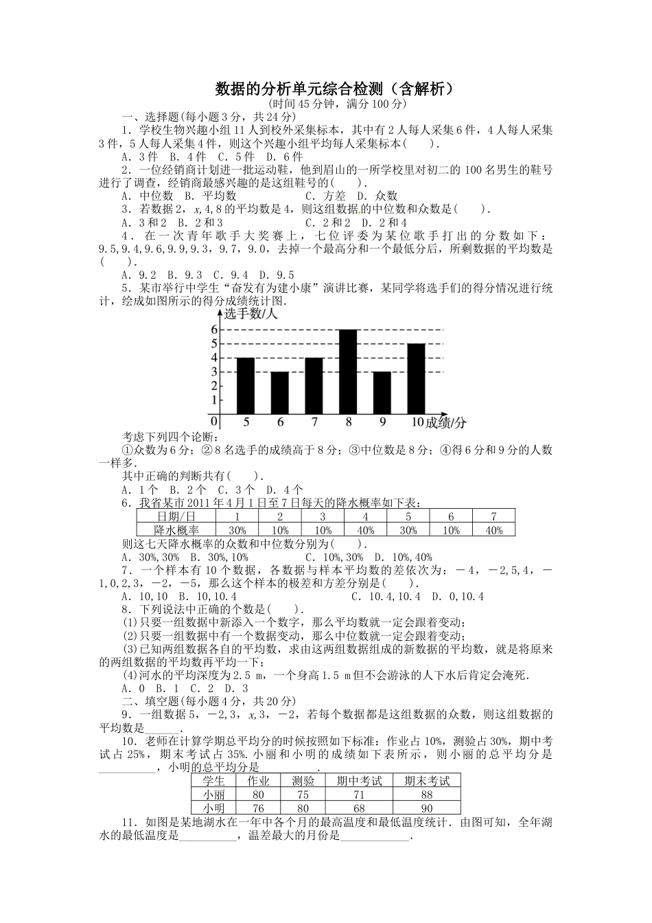 人教版初中数学八年级下数据的分析单元综合检测.docx_第1页