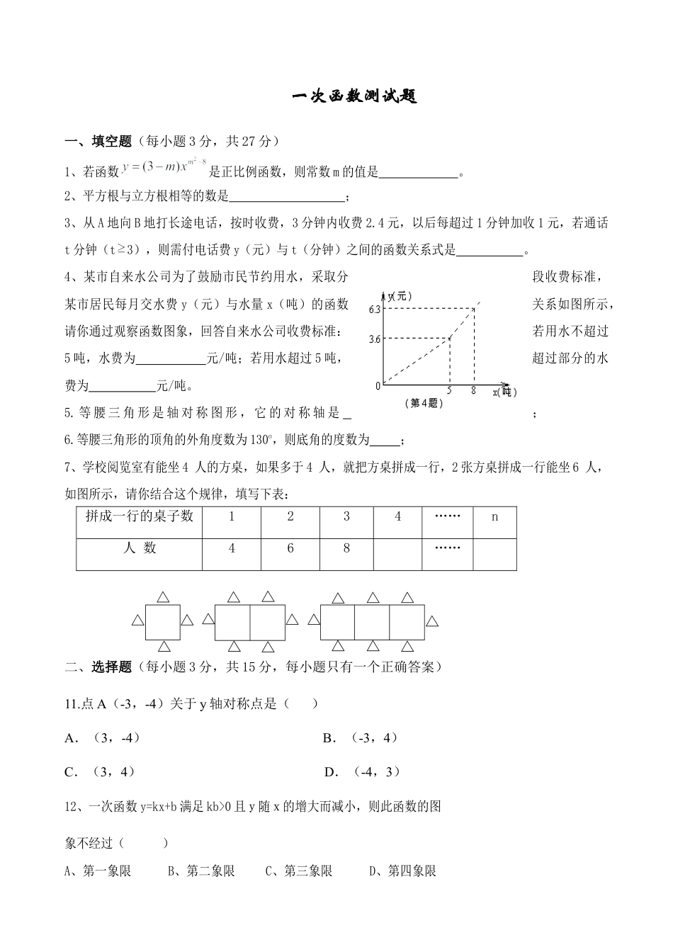 人教版初中数学八年级下一次函数单元测试题及答案.docx_第1页