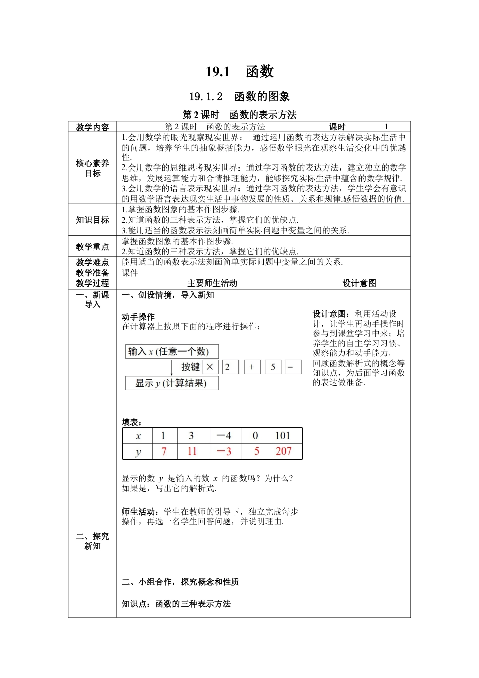 人教版初中数学八下-19.1.2 第2课时  函数的表示方法 --教案.docx_第1页