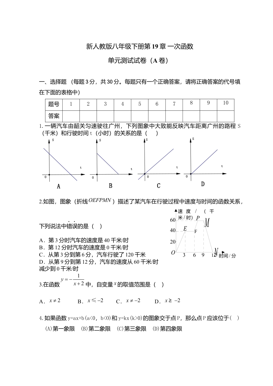 新人教版八年级下册第19章 一次函数 单元测试试卷（A卷）.docx_第1页