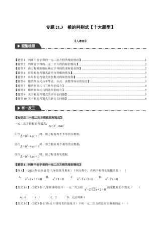 初中数学九年级上册-专题复习-专题21.3 根的判别式【十大题型】（举一反三）（人教版）（学生版）.docx