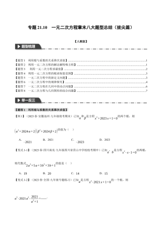 初中数学九年级上册-专题复习-专题21.10 一元二次方程章末八大题型总结（拔尖篇）（人教版）（学生版）.docx