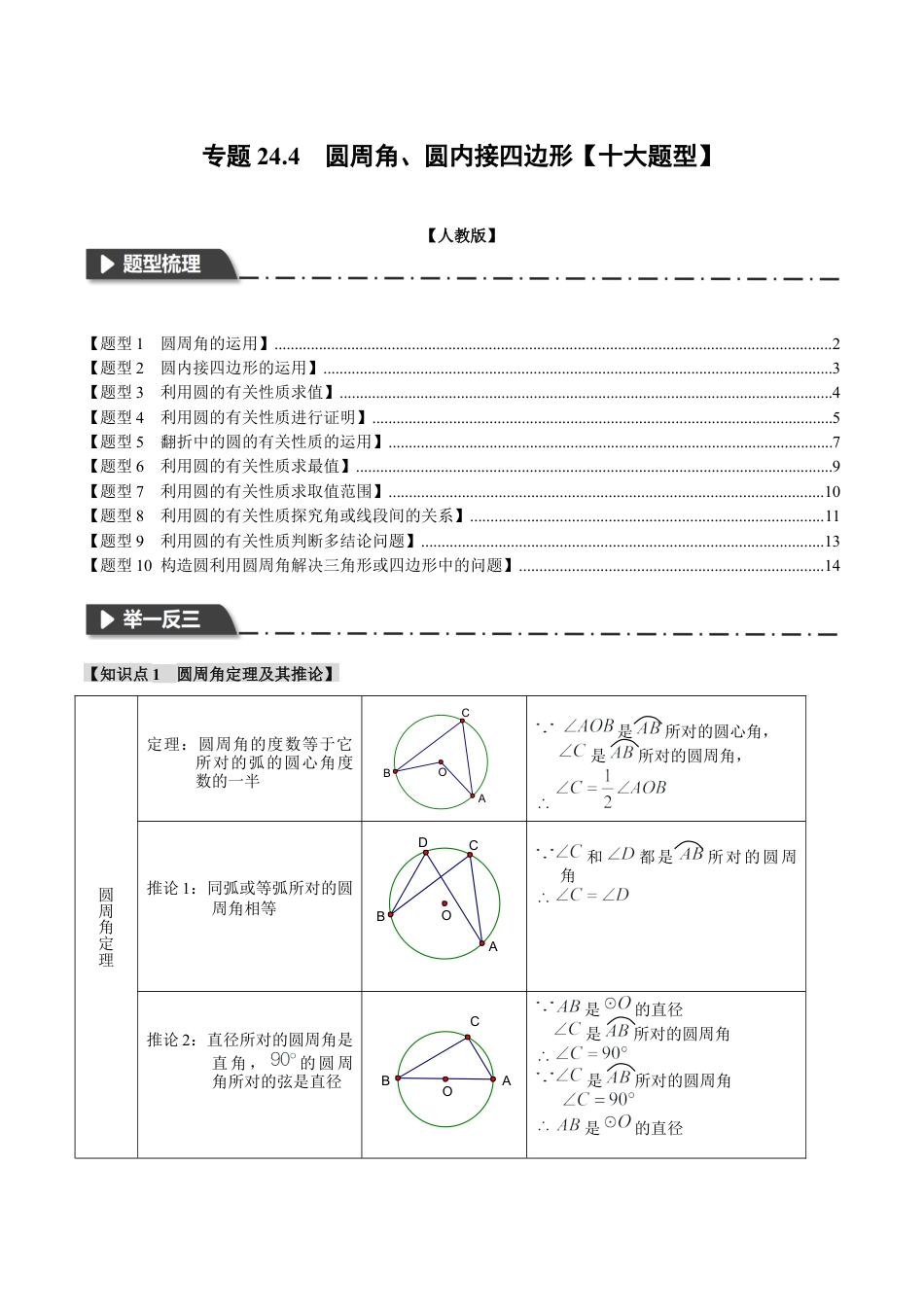 初中数学九年级上册-专题复习-专题24.4 圆周角、圆内接四边形【十大题型】（举一反三）（人教版）（学生版）.docx_第1页