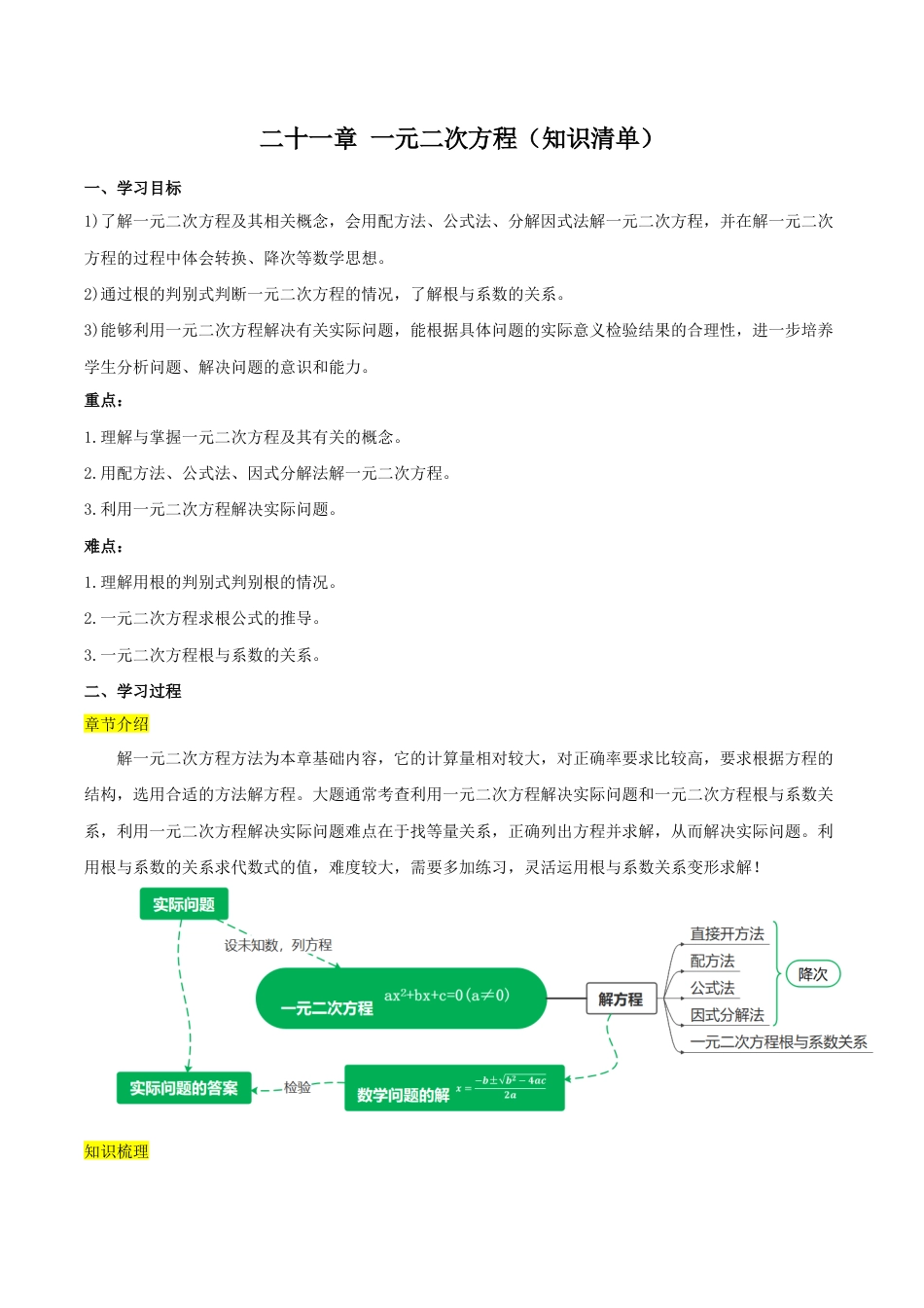 人教数学九年级上册-第二十一章 一元二次方程（知识清单）【原卷版】-（人教版）.docx_第1页