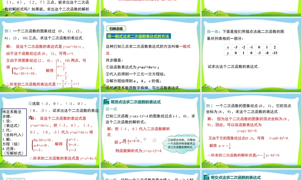 人教数学九年级上册-教学课件-22.1.4 第2课时 用待定系数法求二次函数的解析式.ppt