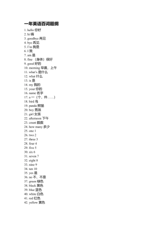 （人教新起点）二年级英语上册  单元百词题纲.doc