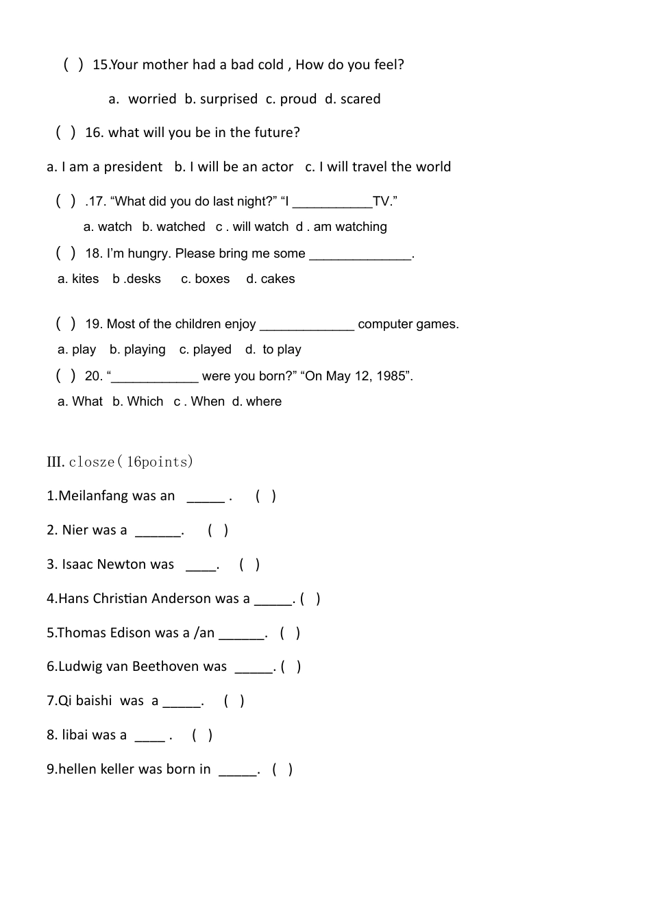 （人教新起点）六年级英语上册 期末试卷4.doc_第3页