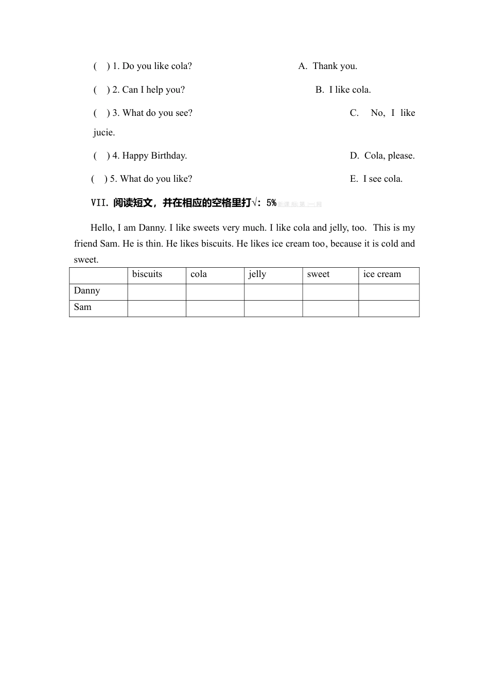 （人教新起点）一年级英语下册 模拟试卷（一）.doc_第3页