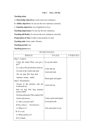 三年级下册英语教案-Unit 1 Pets( 2b-3b) Join in外研剑桥版.doc