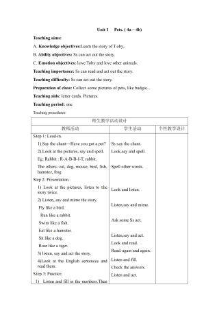三年级下册英语教案-Unit 1 Pets(4a-4b) Join in外研剑桥版.doc