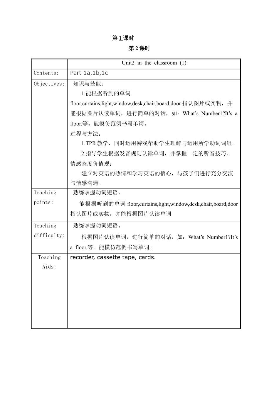 四年级上英语教案-Unit2 In the classroom _Join in剑桥英语.doc_第1页