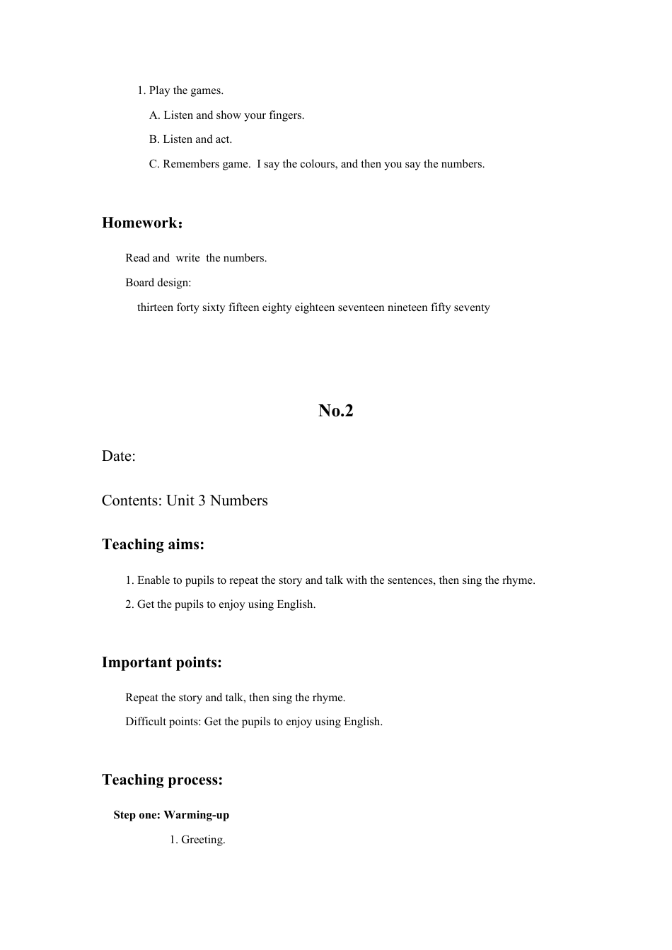 外研版四年级英语上册-Unit 3 Numbers 教案.doc_第2页