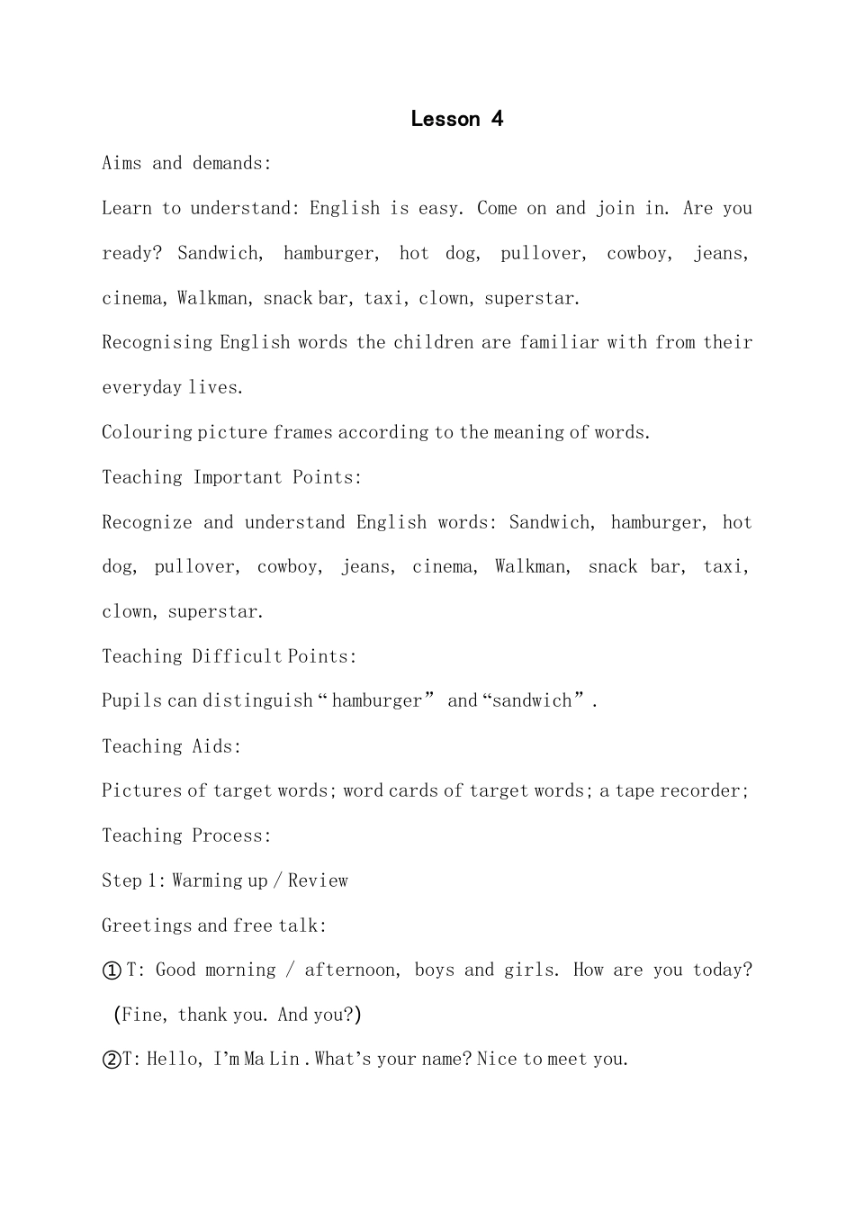 外研版英语三年级上join in版Starter unit lesson4教案.doc_第1页