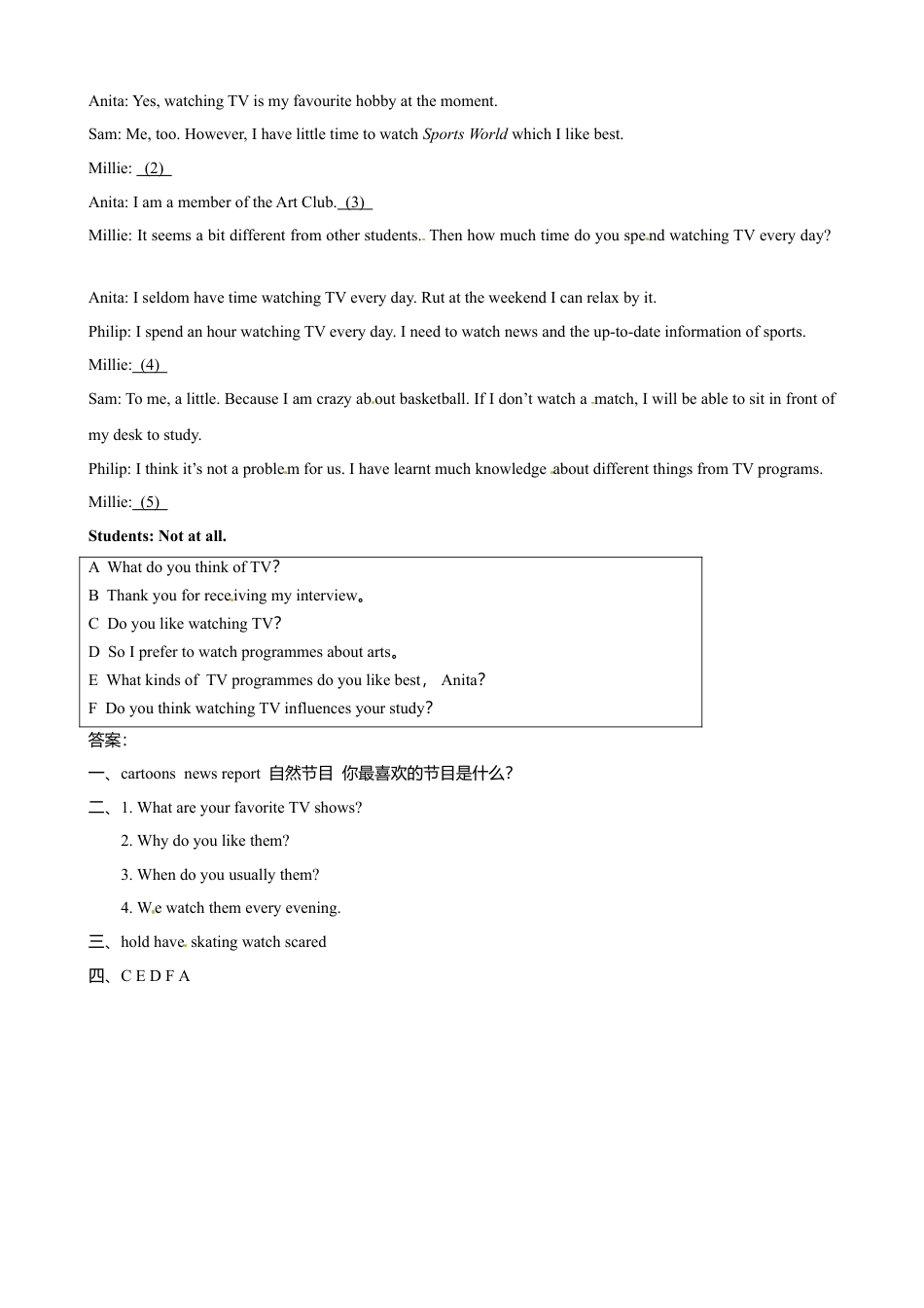 五年级下册英语一课一练-Unit 3 Television Join in外研剑桥（word，含答案）.doc_第2页