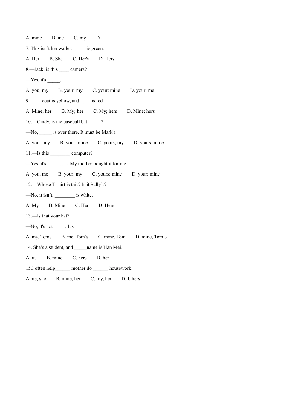 初中英语七下-试卷-Module 1 Lost and found Unit 3 Language in use 物主代词（原卷版）.docx_第3页