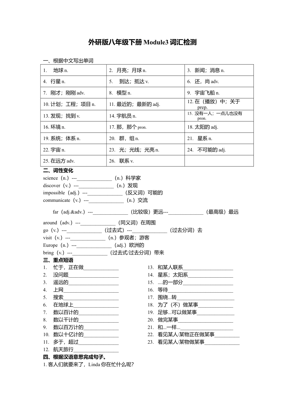 Module 3 Journey to space 词汇检测和语法 （含重难点提优） 外研版英语八年级下册.doc_第1页