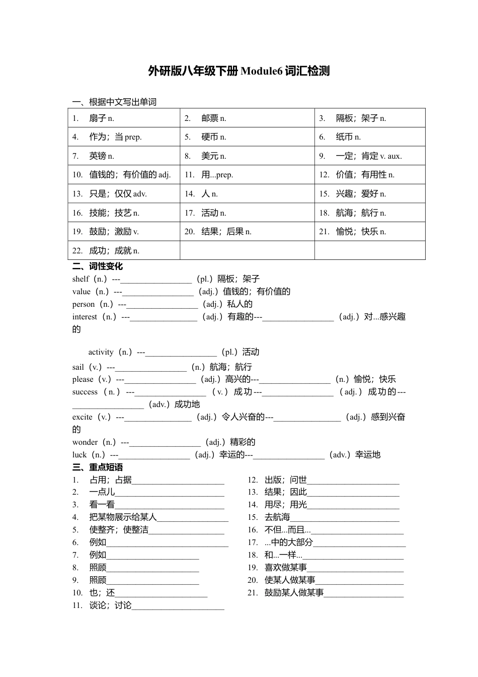 Module 6 Hobbies 词汇检测和语法 （含重难点提优） 外研版英语八年级下册.doc_第1页