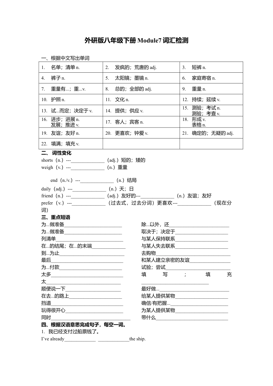 Module 7 词汇检测和语法 （含重难点提优） 外研版英语八年级下册.doc_第1页