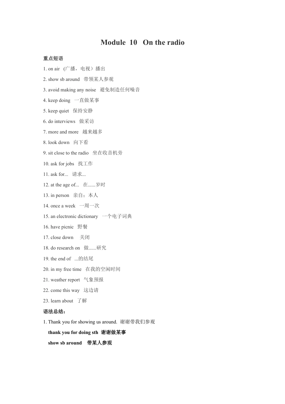 Module 10 On the radio-最新外研版八年级下册各模块语法点（含重点短语和重点语法）（原卷版）.docx_第1页