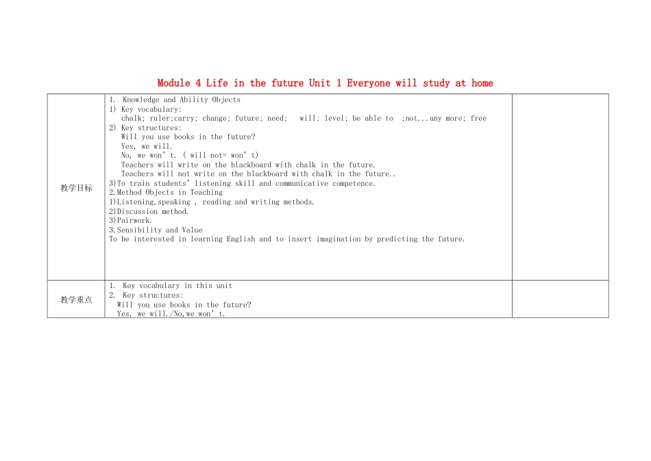 初中英语七下-教案-Module 4 Life in the future Unit 1 Everyone will study at home教案 （新版）外研版.doc_第1页