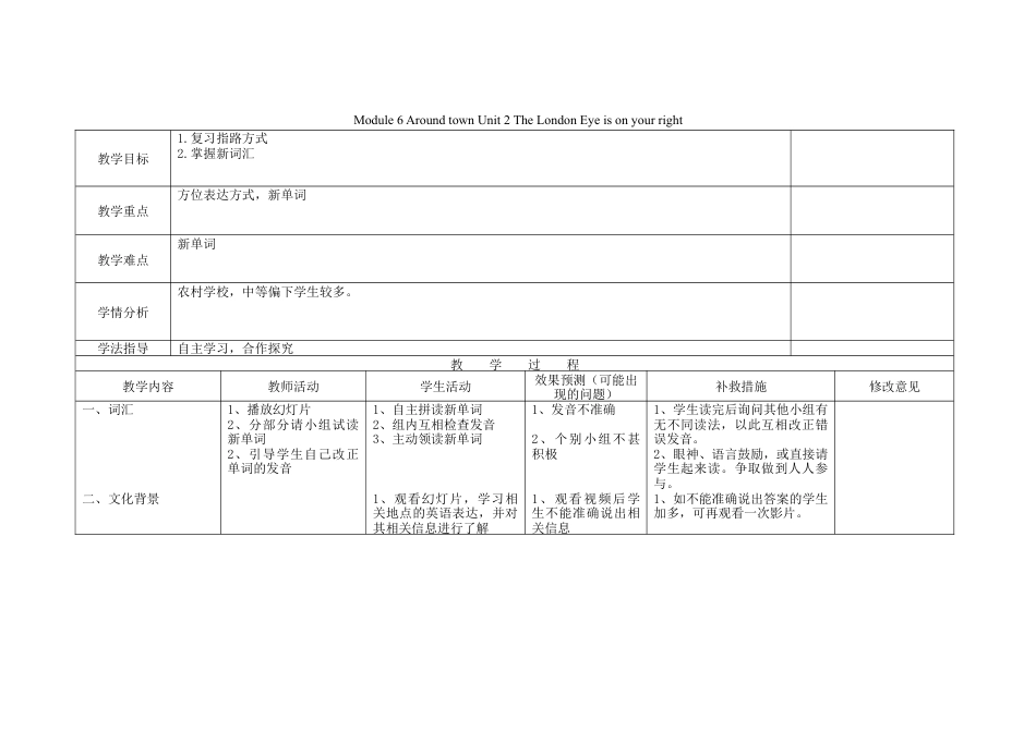 初中英语七下-教案-Module 6 Around town Unit 2 The London Eye is on your right教案2 （新版）外研版.doc_第1页