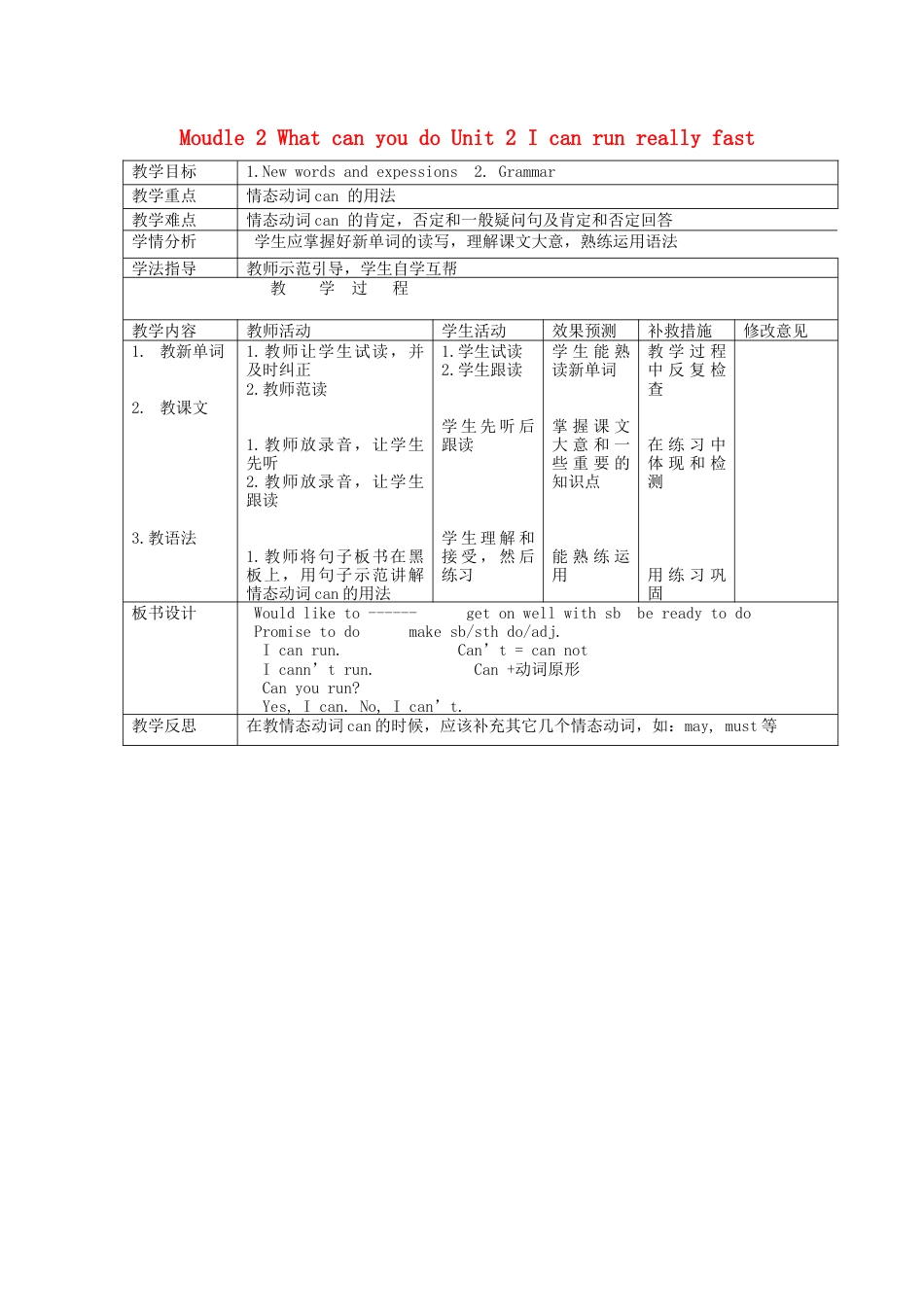 初中英语七下-教案-Moudle 2 What can you do Unit 2 I can run really fast教案2 （新版）外研版.doc_第1页