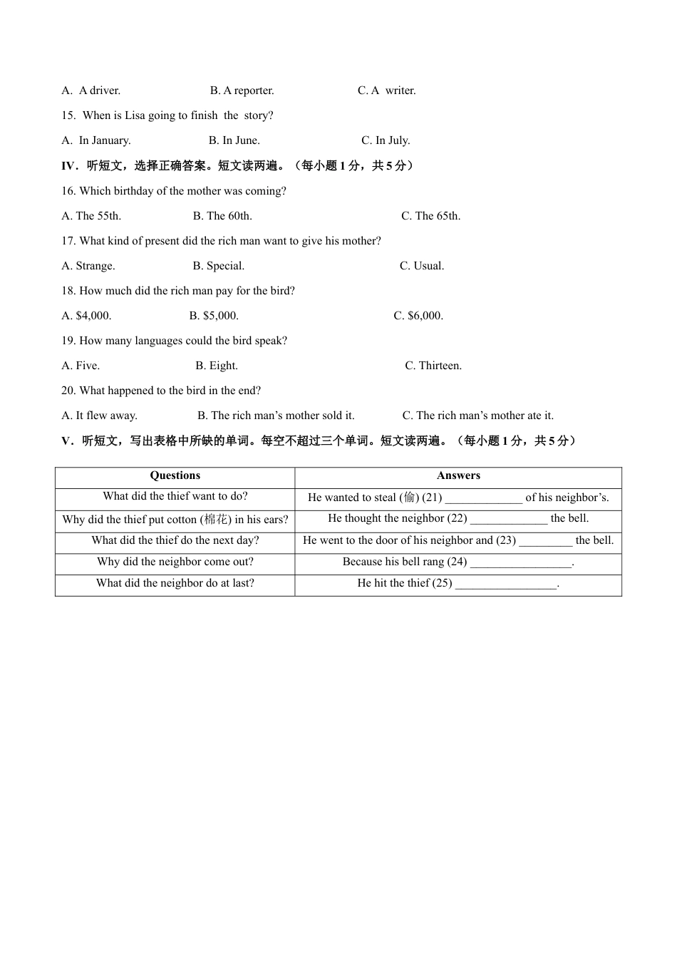 初中英语七下-试卷-Module 8 Story time 话题8 故事和寓言（基础版） 试题.docx_第2页