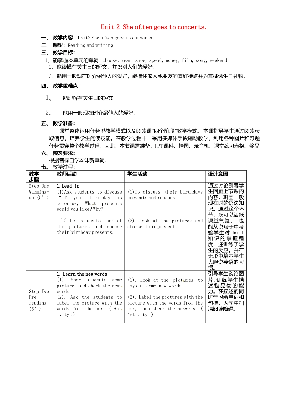 七年级英语上册 Module 8 Unit 2 She often goes to concerts教案 （新版）外研版.doc_第1页