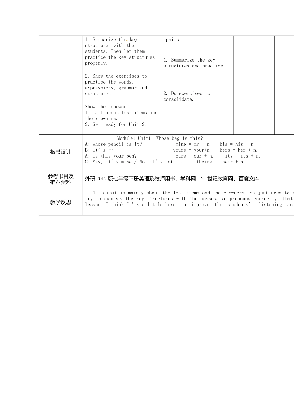 七年级英语下册Module+1+Lost+and+found+Unit+1+Whose+bag+is+this教学设计（新外研版）.doc_第3页