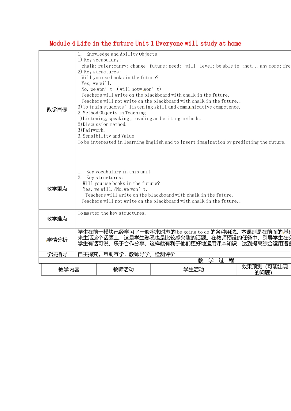 七年级英语下册Module+4+Life+in+the+future+Unit+1+Everyone+will+study+at+home教案（新外研版）.doc_第1页