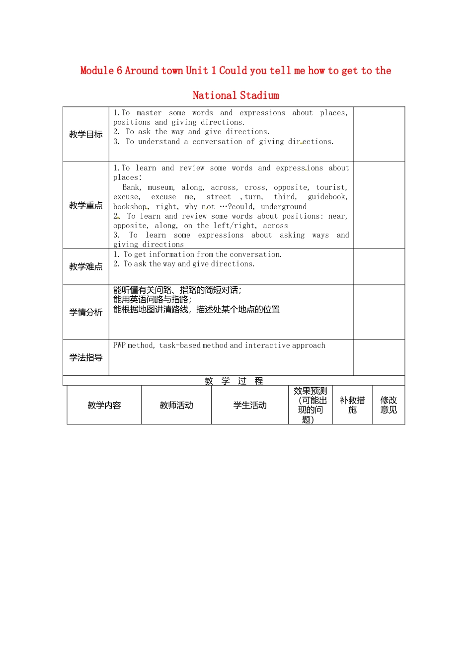 七年级英语下册Module+6+Around+town+Unit+1+Could+you+tell+me+how+to+get+to+the+National+Stadium教案1（新外研版）.doc_第1页