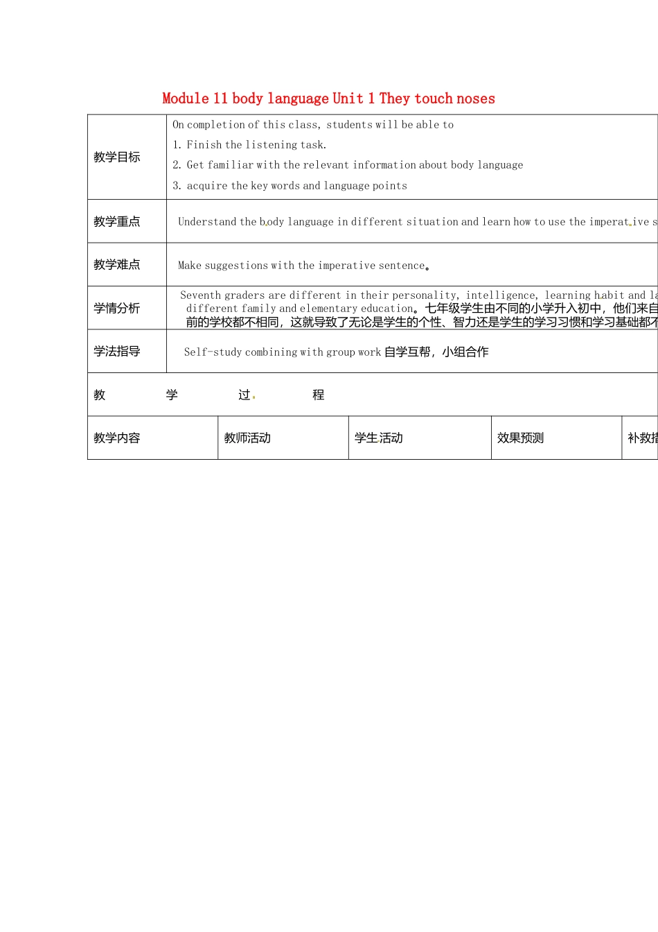 七年级英语下册Module+11+body+language+Unit+1+They+touch+noses教案1（新外研版）.doc_第1页