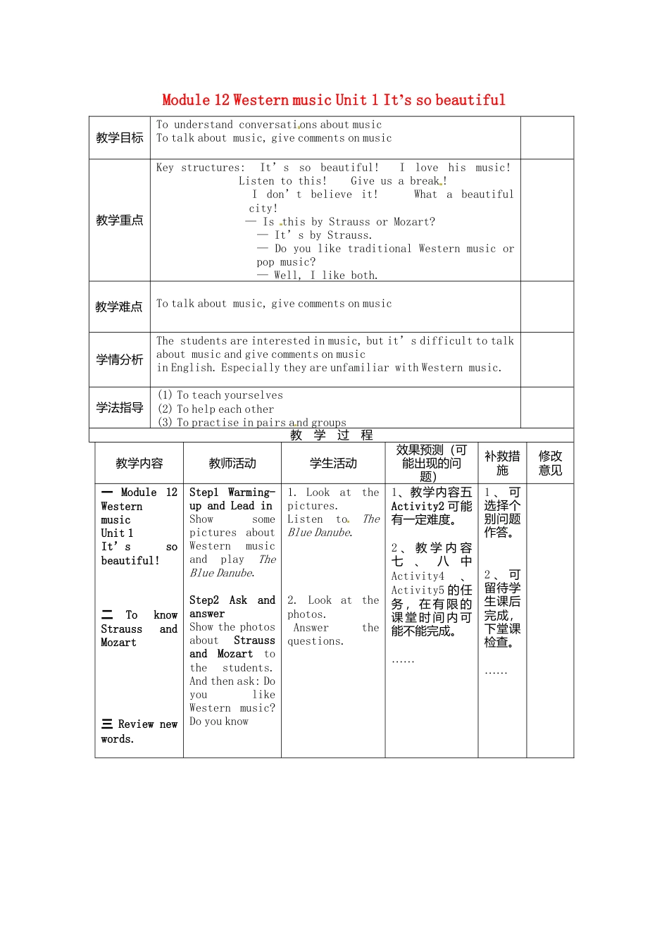 七年级英语下册Module+12+Western+music+Unit+1+It’s+so+beautiful教案（新外研版）.doc_第1页