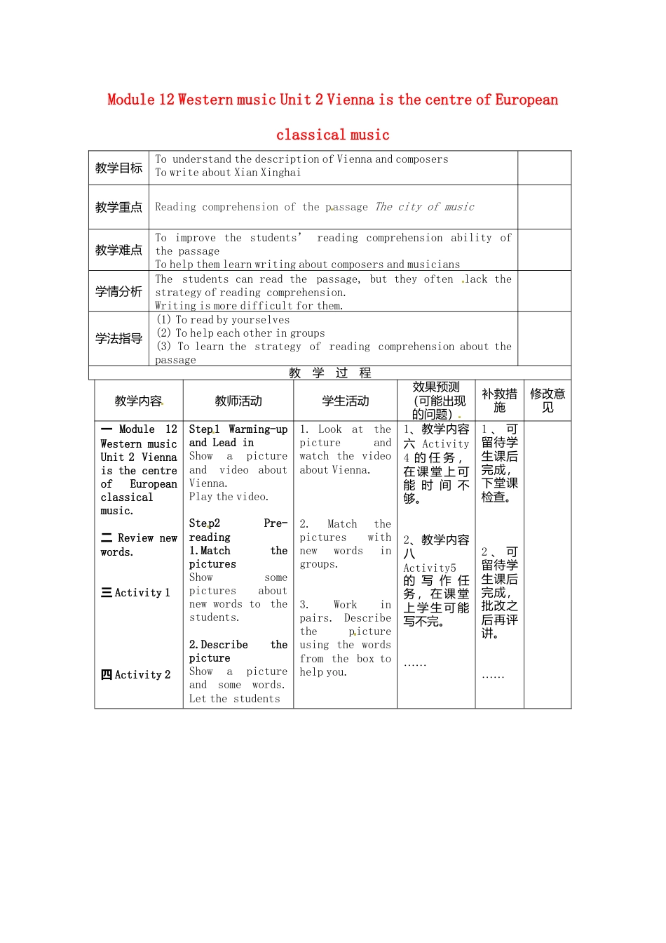 七年级英语下册Module+12+Western+music+Unit+2+Vienna+is+the+centre+of+European+classical+music教案（新外研版）.doc_第1页