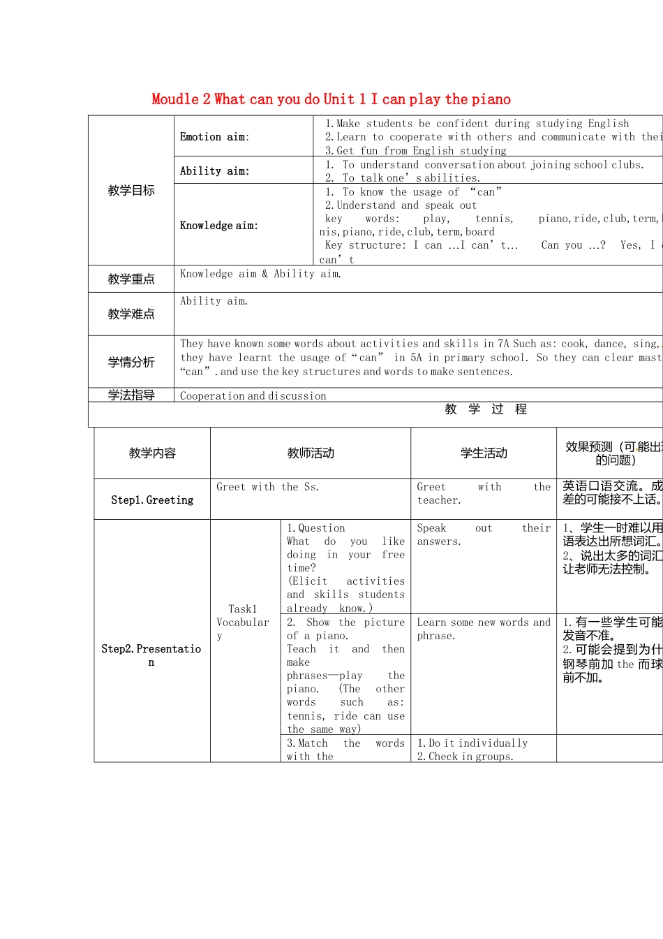 七年级英语下册Moudle+2+What+can+you+do+Unit+1+I+can+play+the+piano教案（新外研版）.doc_第1页